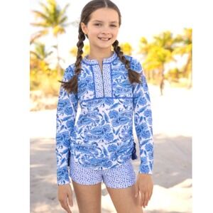Cabana Life Girls Blue Paisley Rashguard‎ and Swim Shorts Set Size 7/8 UPF 50+